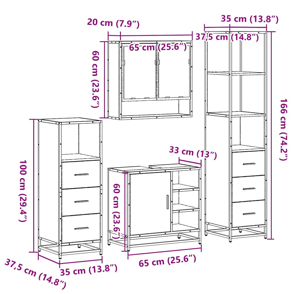 Set de mobilier de baie din 4 piese din lemn de stejar Sonoma