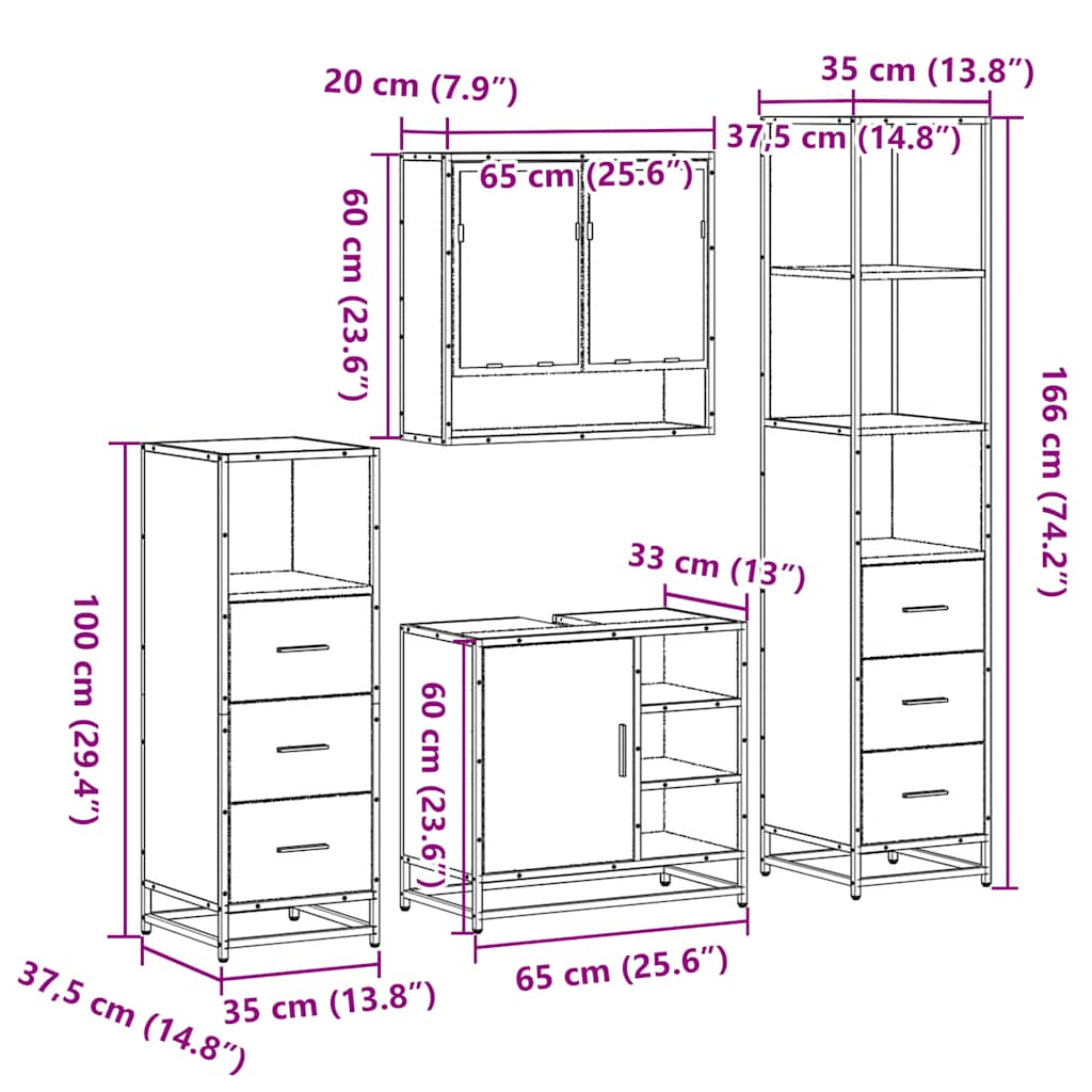 Set de mobilier de baie 4 piese Lemn prelucrat de stejar afumat