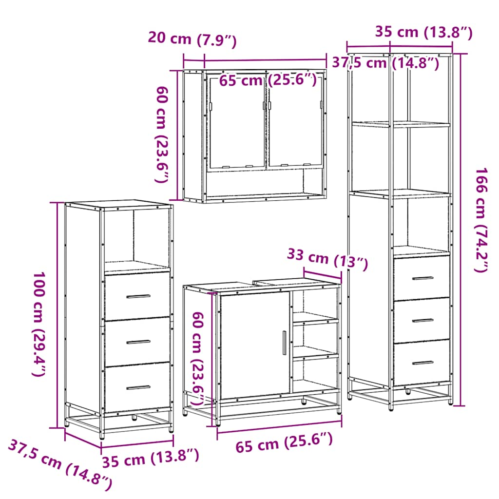 Set de mobilier de baie 4 piese Lemn stratificat gri Sonoma