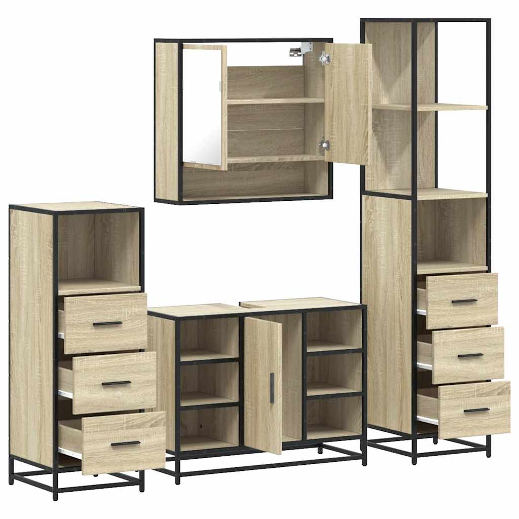 Set de mobilier de baie din 4 piese din lemn de stejar Sonoma