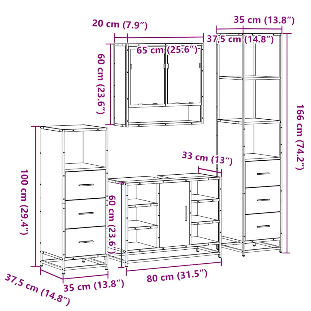 Set de mobilier de baie din 4 piese din lemn de stejar Sonoma