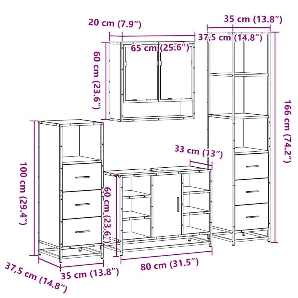 Set de mobilier de baie din 4 piese din lemn de stejar maro