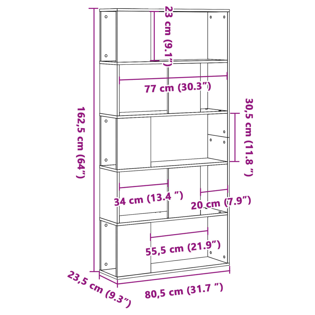 Bibliotecă cu 5 niveluri gri sonoma 80,5x23,5x162,5 cm lemn