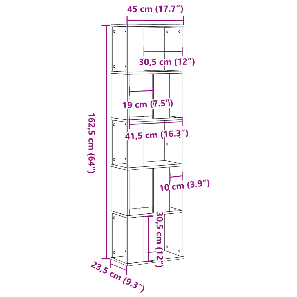 Bibliotecă cu 5 niveluri gri beton 45x23,5x162,5 cm lemn