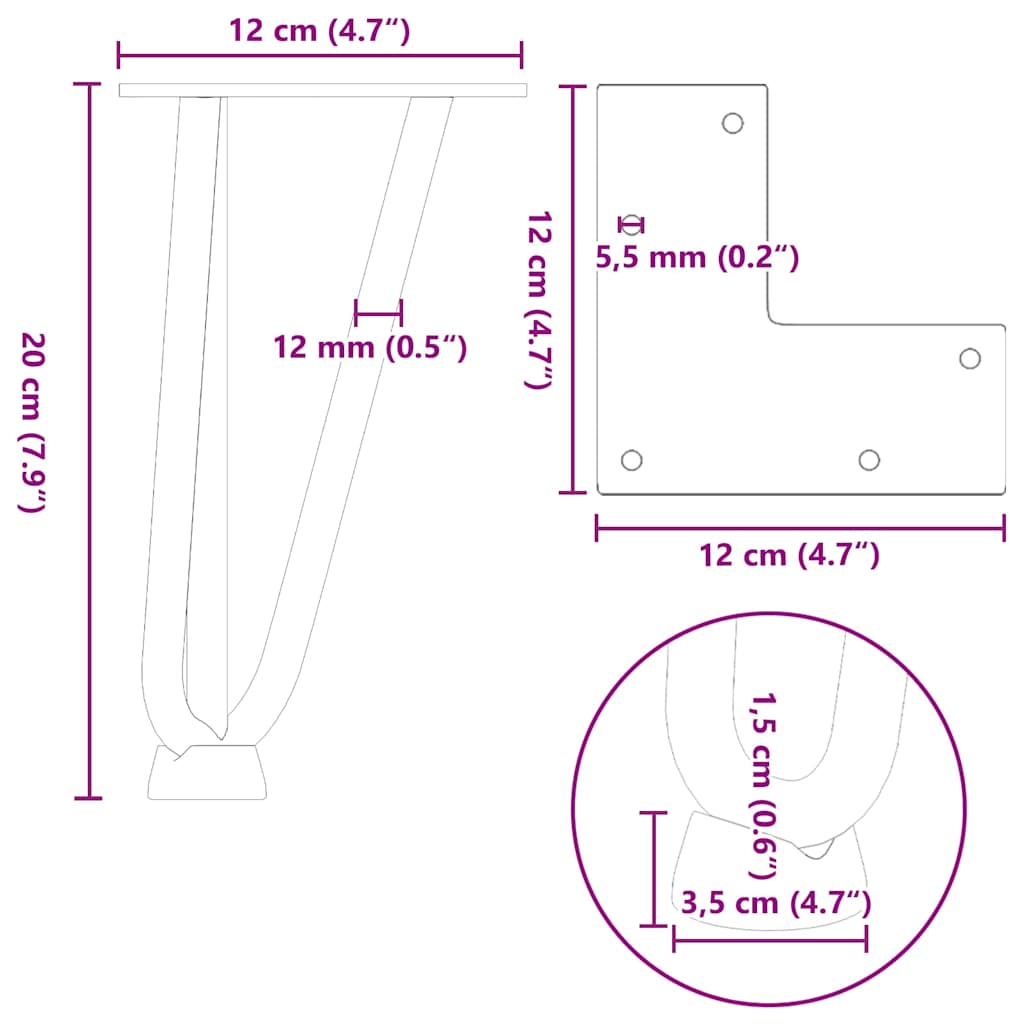 Picioare de masă în ac de păr 4 buc Oțel solid alb 20 cm