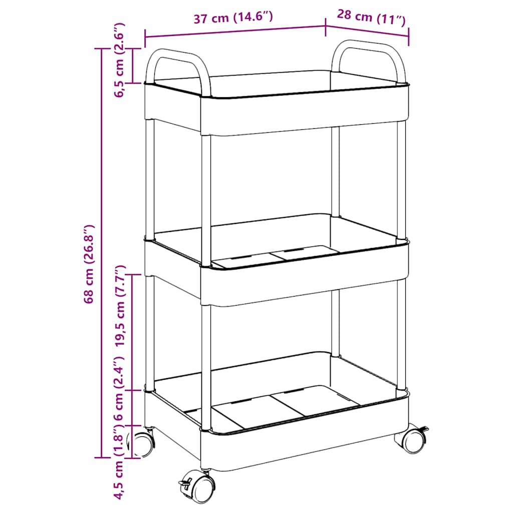 Cărucior de depozitare cu 3 niveluri transparent acrilic