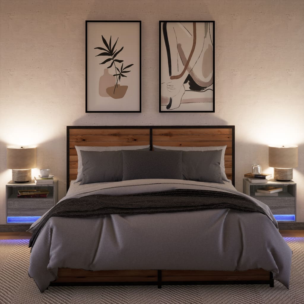 Noptiere montate pe perete cu lumini LED, 2 buc., sonoma gri