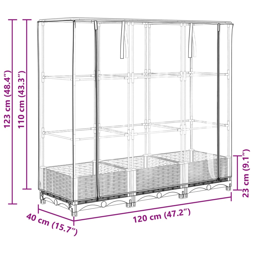 Strat înălțat cu husă de seră, aspect ratan, 120x40x123 cm