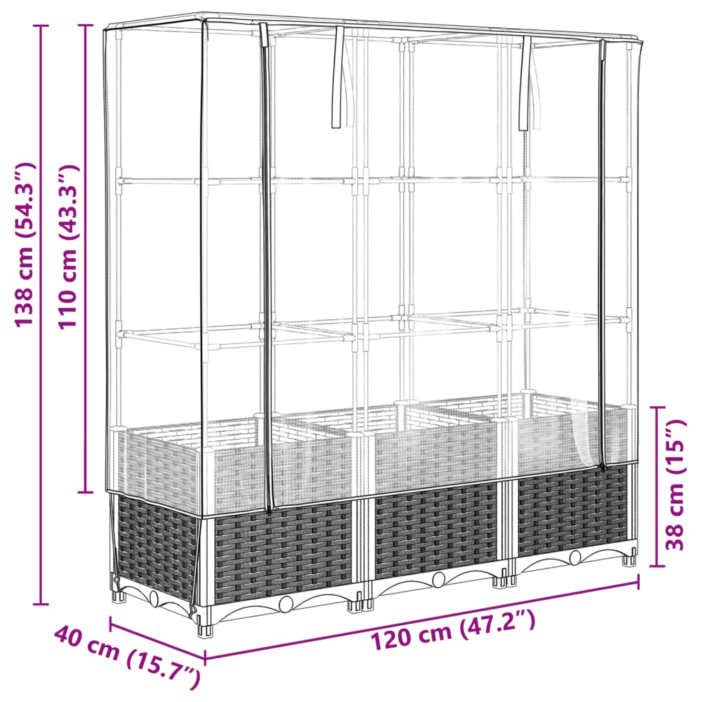 Strat înălțat cu husă de seră, aspect ratan, 120x40x138 cm