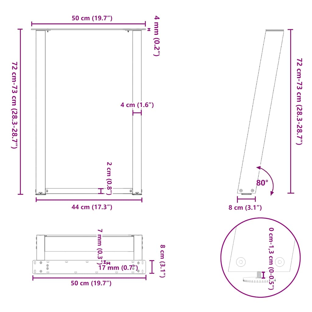 Picioare pentru masă în formă de U 2 buc alb 50x(72-73) cm oțel