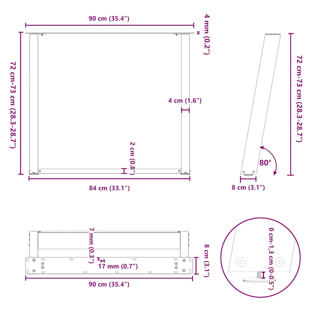 Picioare pentru masă în formă U 2 buc Negru 90x(72-73) cm Oțel