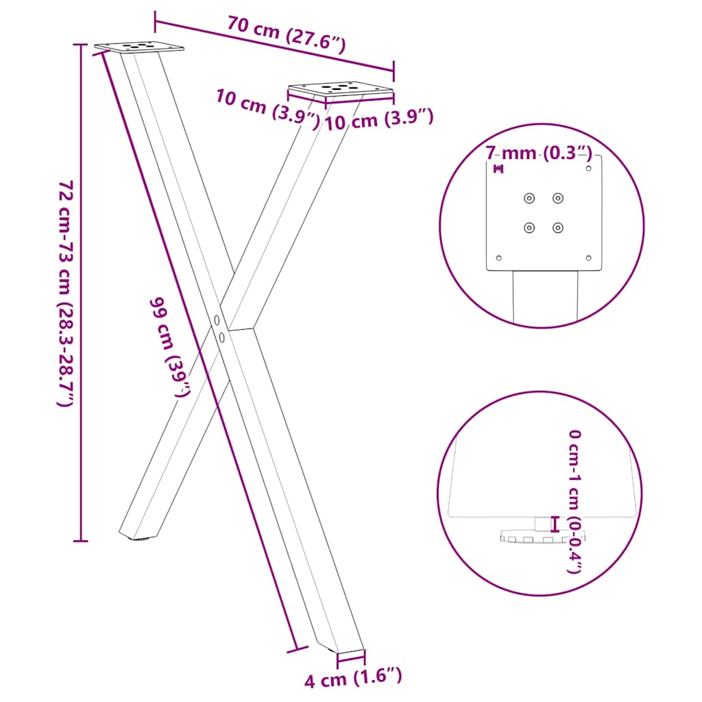 Picioare pentru masă în formă de X 2 buc alb 70x(72-73) cm oțel