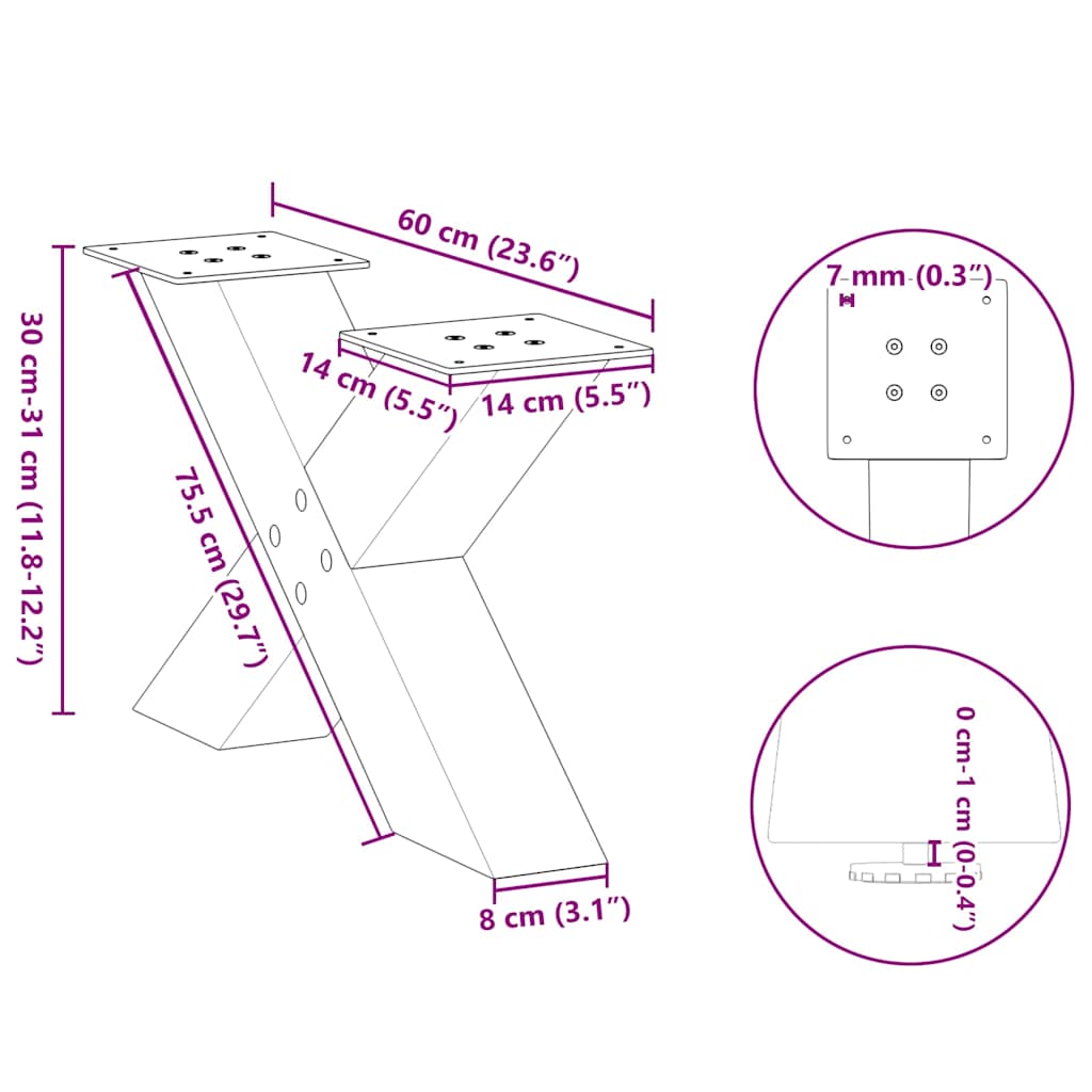 Picioare măsuță cafea în formă X 2 buc alb 60x(30-31) cm oțel