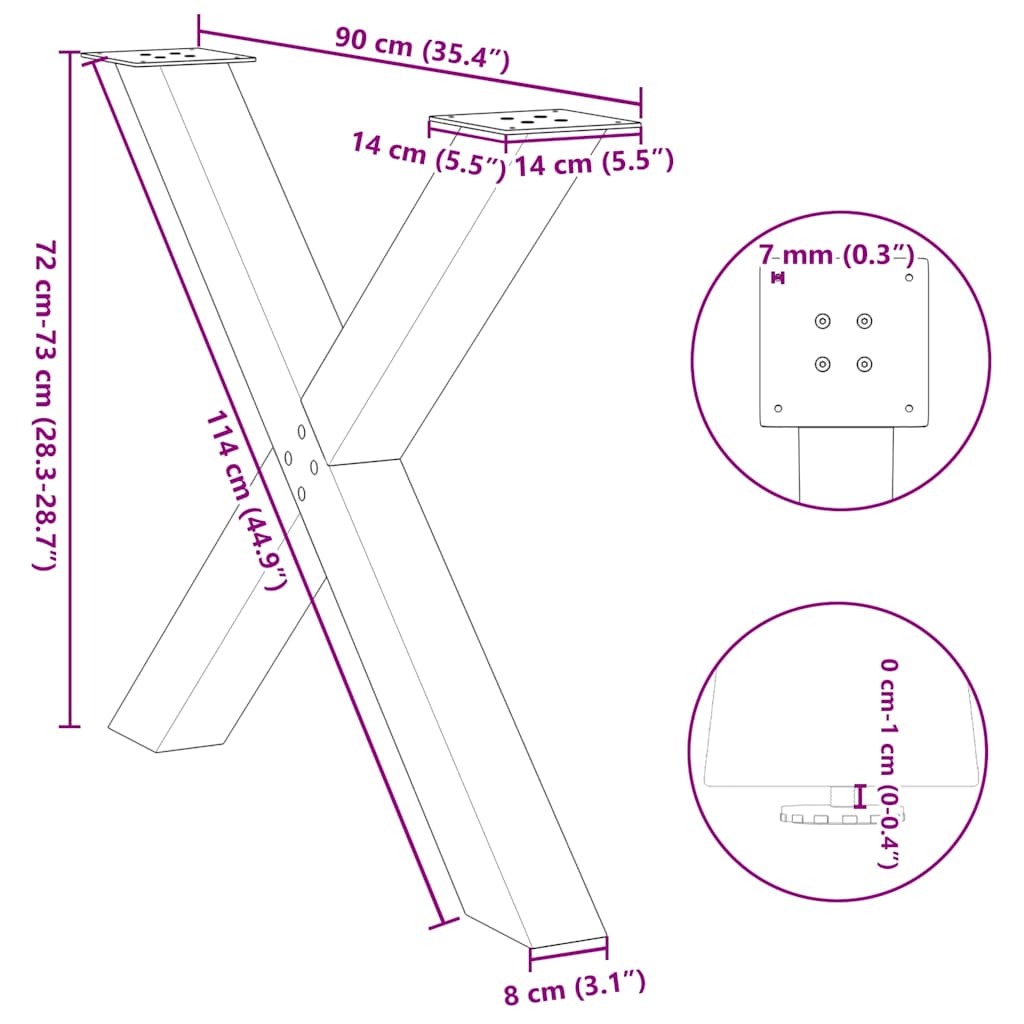 Picioare pentru masă în formă X 2 buc Negru 90x(72-73) cm Oțel