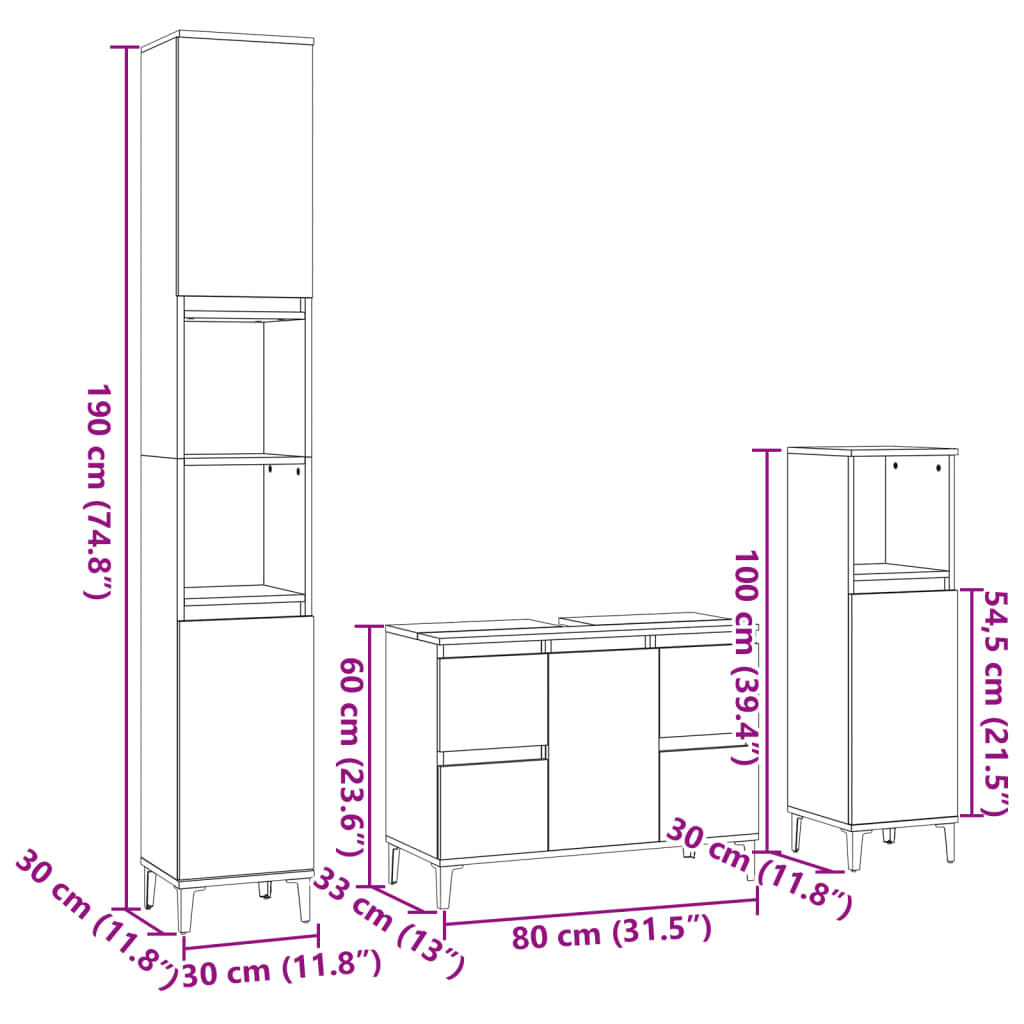 Set mobilier de baie, 3 piese, stejar sonoma, lemn prelucrat