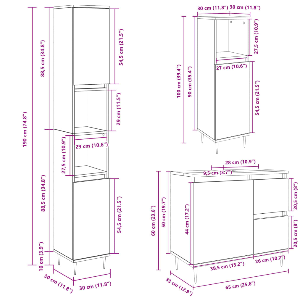 Set mobilier de baie, 3 piese, stejar sonoma, lemn prelucrat