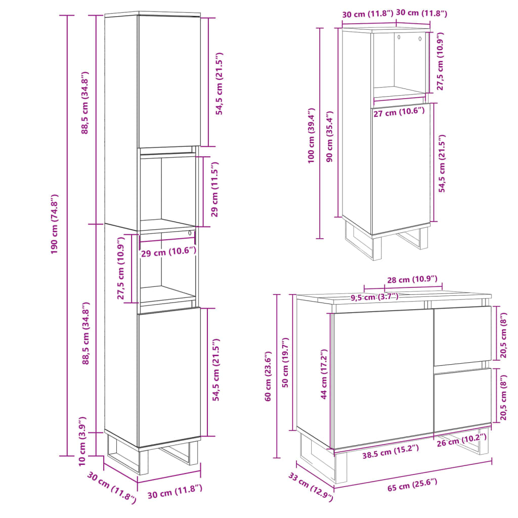 Set mobilier de baie, 3 piese, stejar sonoma, lemn prelucrat