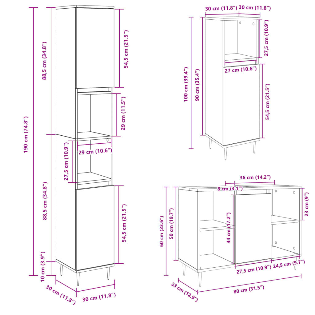 Set mobilier de baie, 3 piese, stejar sonoma, lemn prelucrat