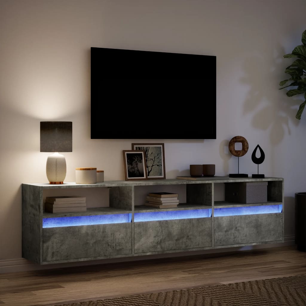 Comodă TV de perete cu lumini LED, gri beton, 180x31x45 cm