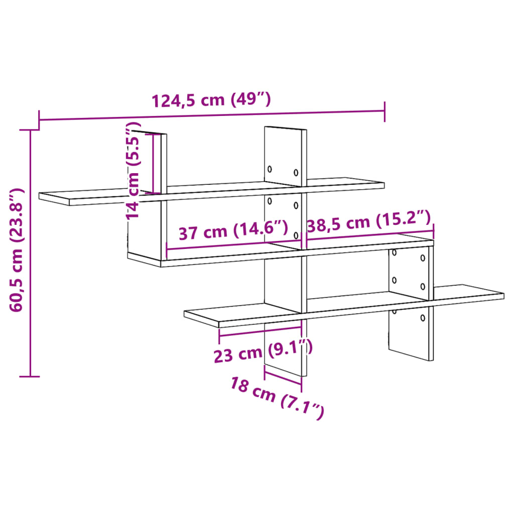 Raft de perete, stejar maro, 124,5x18x60,5 cm, lemn prelucrat