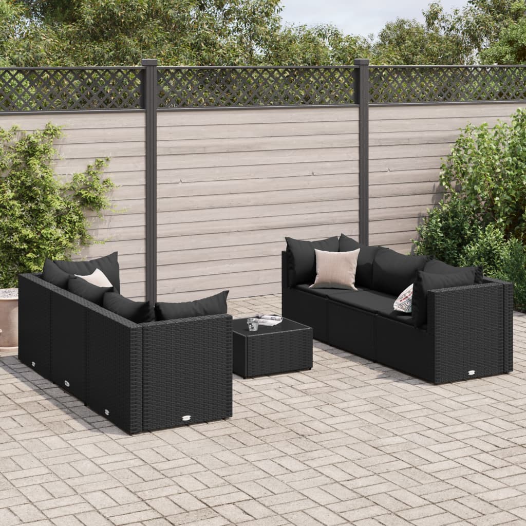 Set mobilier de grădină cu perne, 7 piese, negru, poliratan