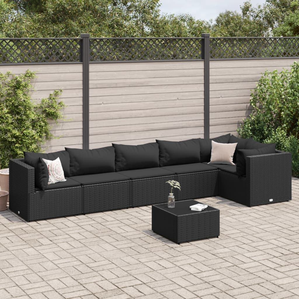 Set mobilier de grădină cu perne, 7 piese, negru, poliratan