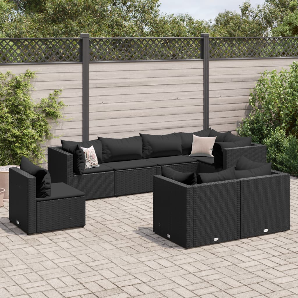 Set mobilier de grădină cu perne, 8 piese, negru, poliratan