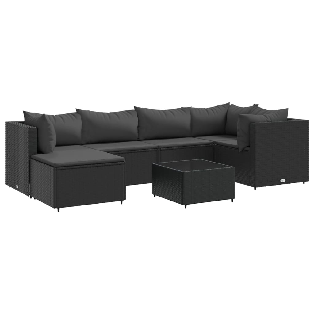 Set mobilier de grădină cu perne, 7 piese, negru, poliratan