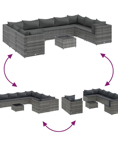 Încărcați imaginea în vizualizatorul Galerie, Set mobilier de grădină cu perne, 10 piese, gri, poliratan
