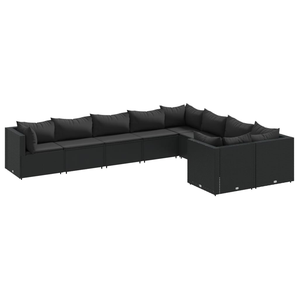 Set mobilier de grădină cu perne, 9 piese, negru, poliratan