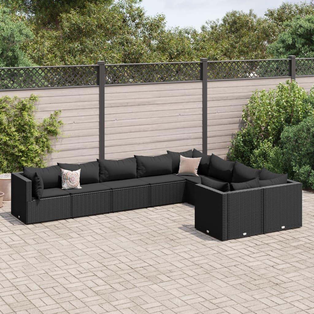 Set mobilier de grădină cu perne, 9 piese, negru, poliratan