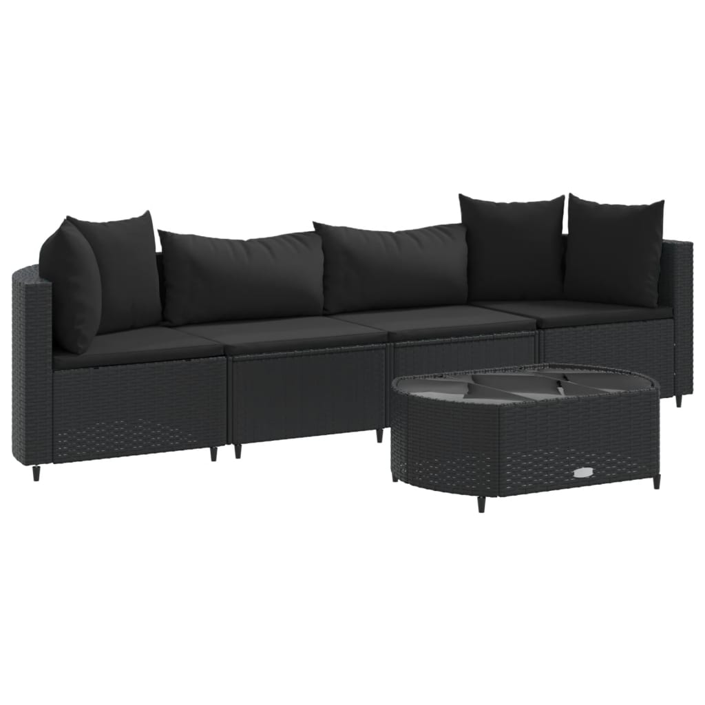 Set mobilier de grădină cu perne, 5 piese, negru, poliratan