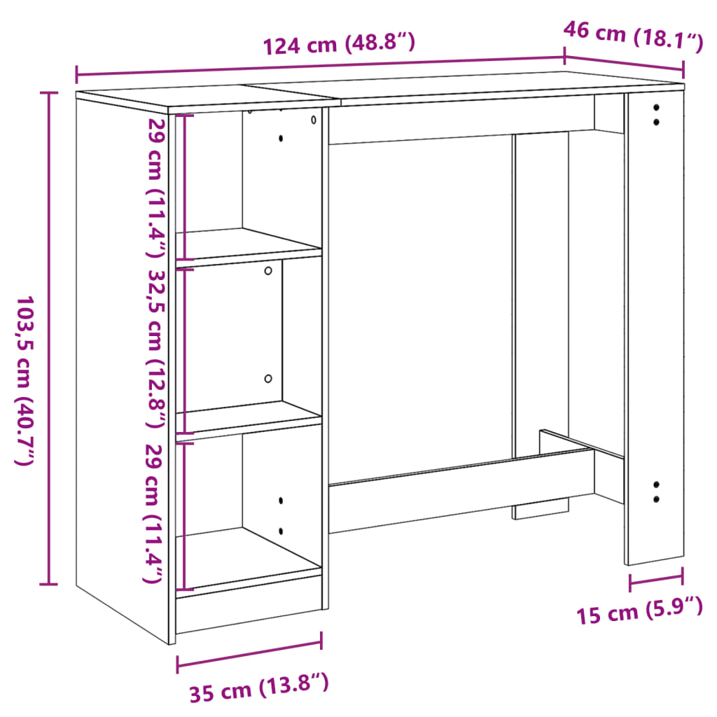 Masă de bar cu raft, gri beton, 124x46x103,5 cm, lemn prelucrat