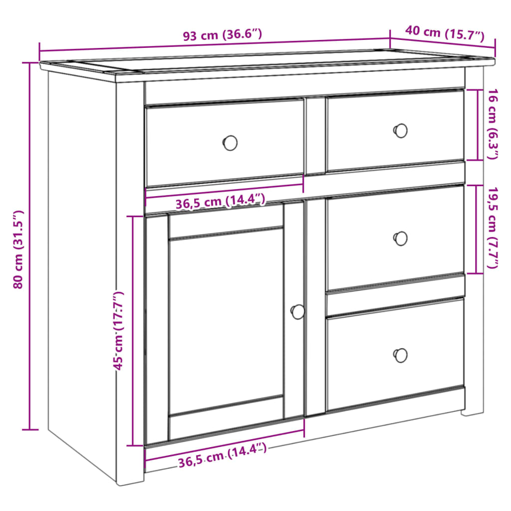 Dulap cu sertare Panama, 93x40x80 cm, lemn masiv de pin