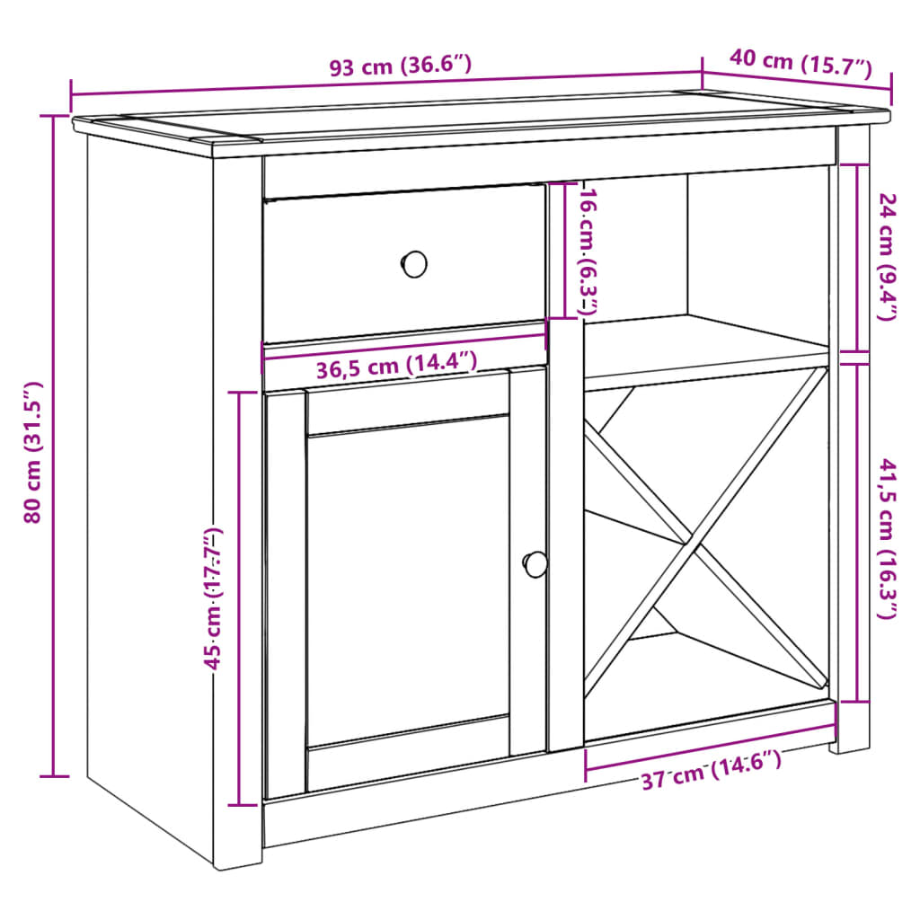 Dulap cu sertar Panama, 93x40x80 cm, lemn masiv de pin