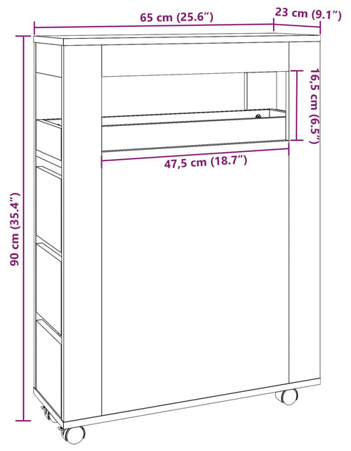Загрузите изображение в средство просмотра галереи, Dulap de baie îngust cu roți, stejar fumuriu, lemn prelucrat
