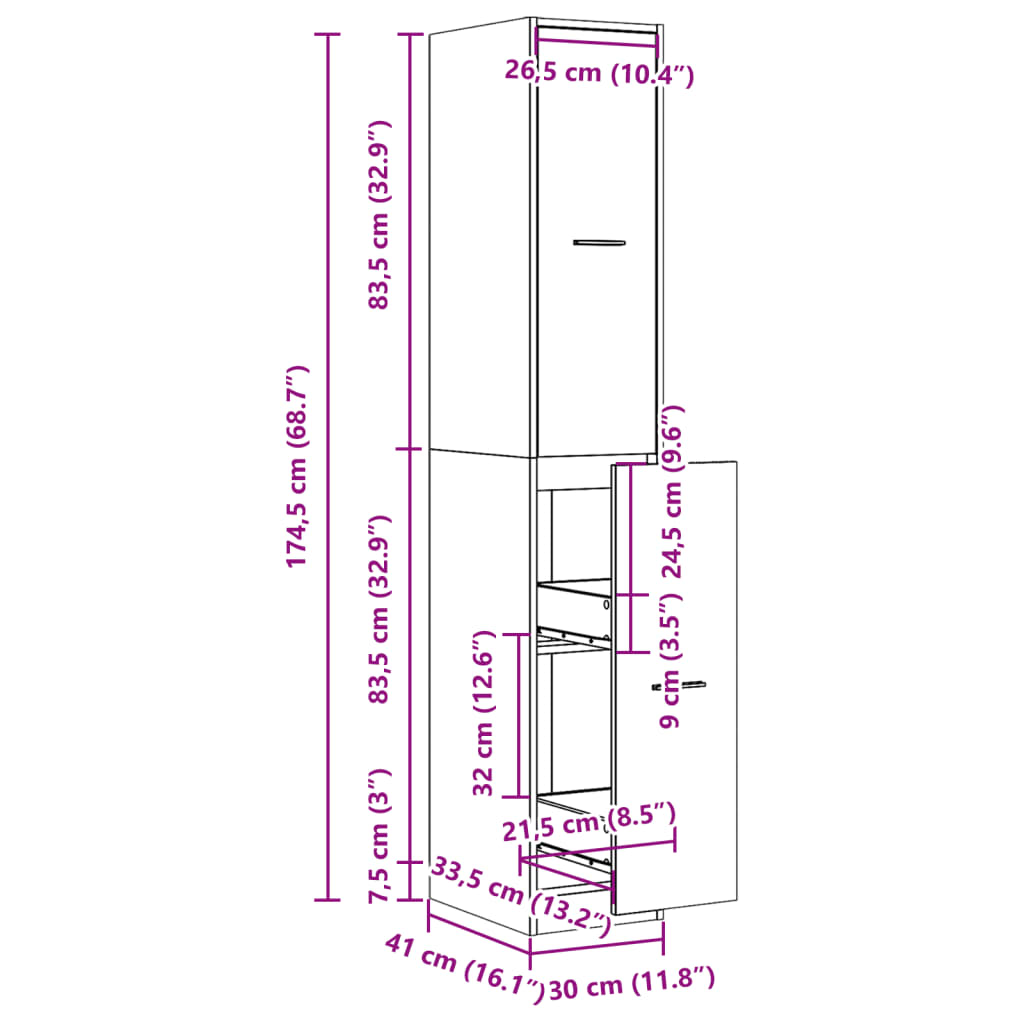 Dulap de farmacie, gri beton, 30x41x174,5 cm, lemn prelucrat