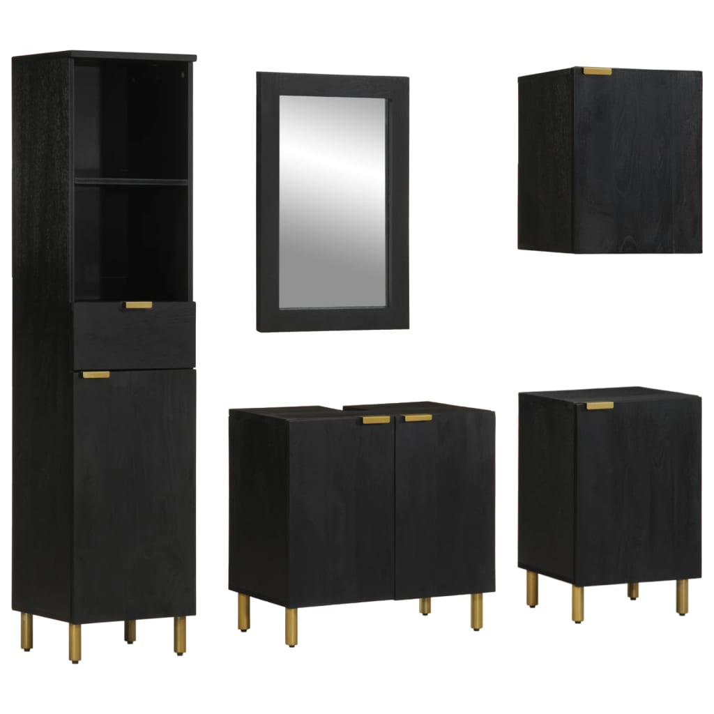 Set mobilier de baie, 5 piese, negru, lemn prelucrat