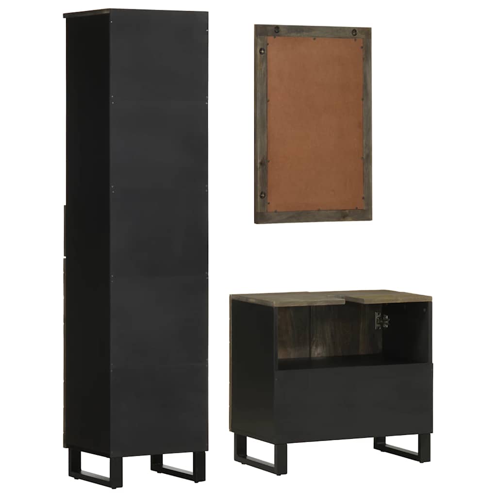 Set de mobilier de baie 3 piese din lemn masiv de mango negru