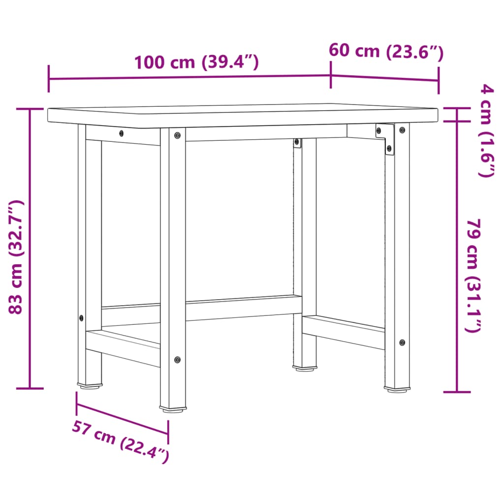 Banc de lucru 100x60x83 cm lemn masiv stejar, dreptunghiular