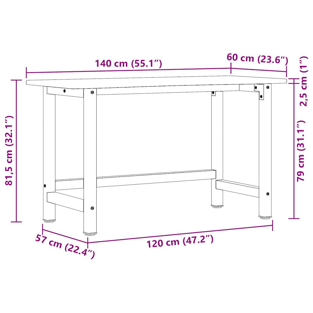 Banc lucru maro închis 140x60x81,5 cm lemn masiv stejar