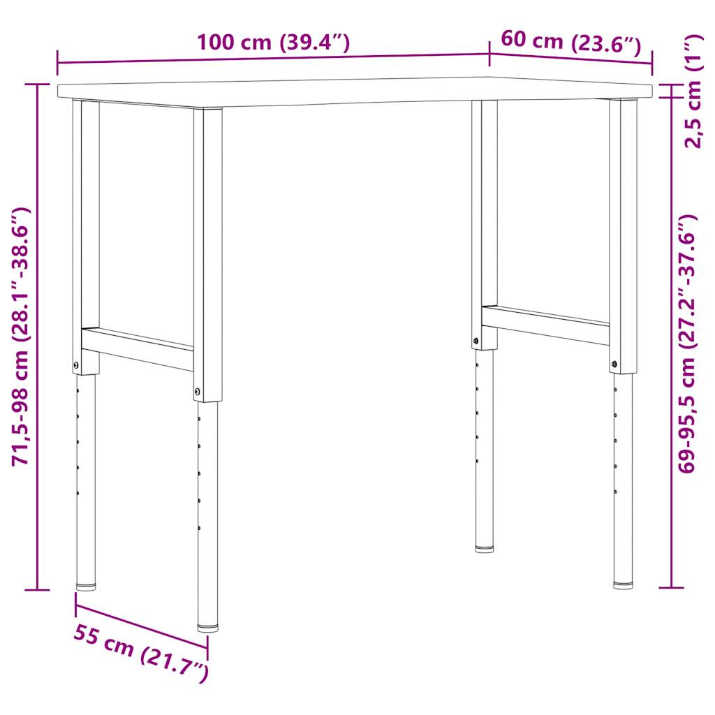 Banc lucru maro 100x60x(71,5-98) cm lemn masiv stejar