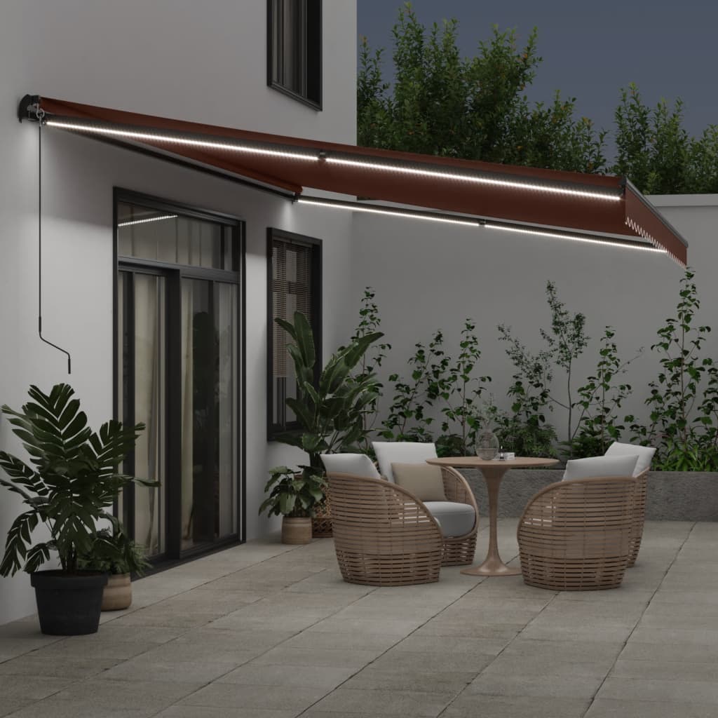 Copertină retractabilă manual cu LED-uri, maro, 500x300 cm