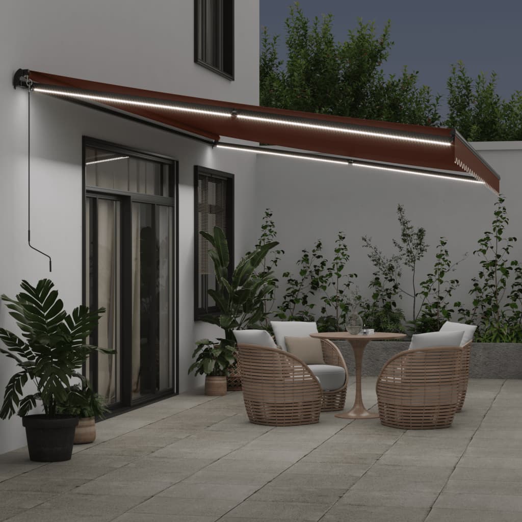 Copertină retractabilă manual cu LED-uri, maro, 600x300 cm