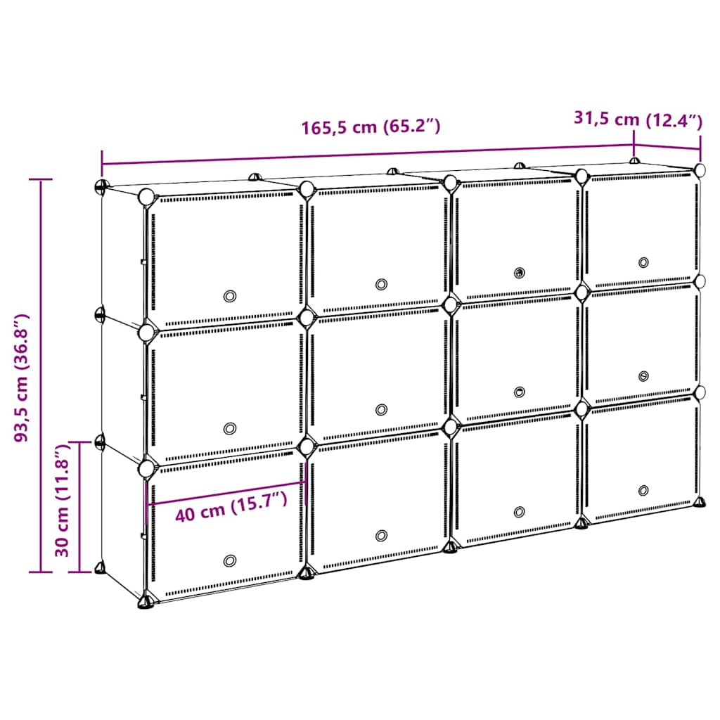 Organizator cub de depozitare cu uși, 12 cuburi, negru, PP