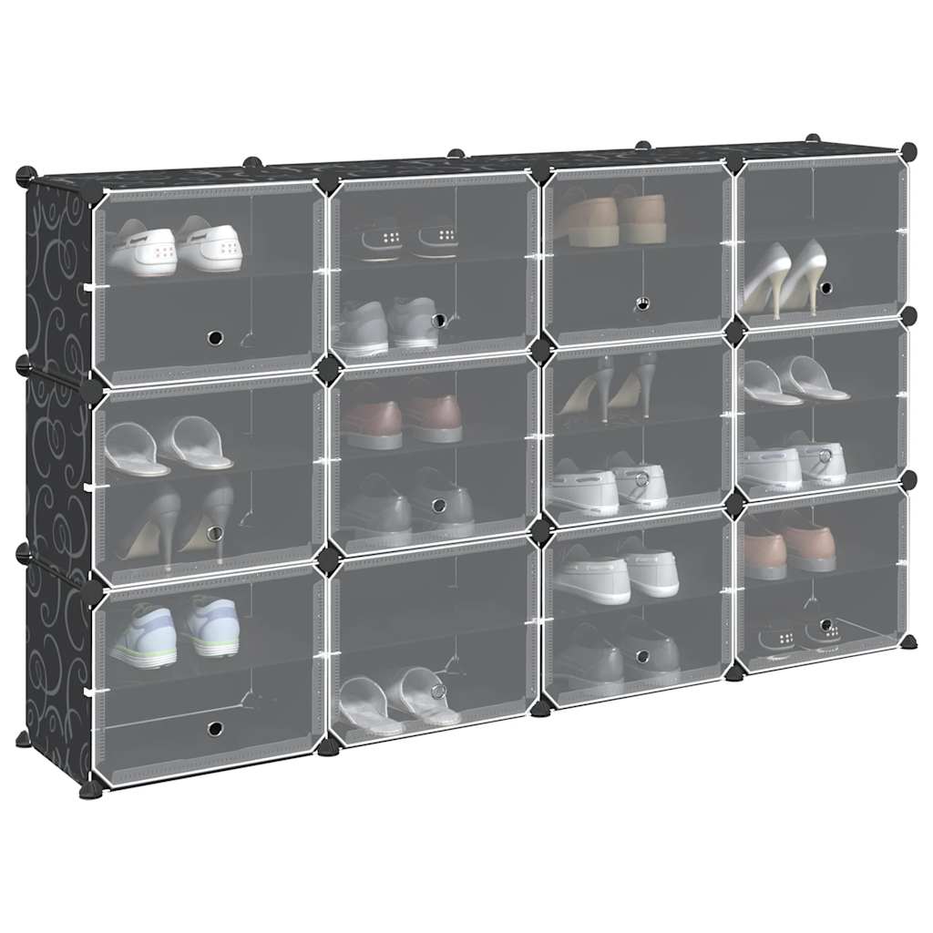 Organizator cub de depozitare cu uși, 12 cuburi, negru, PP