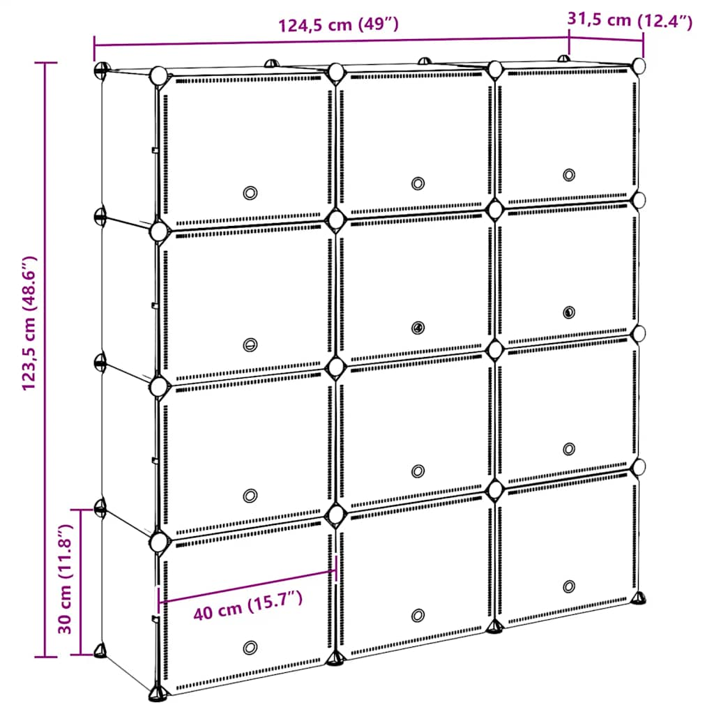 Organizator cub de depozitare cu uși, 12 cuburi, negru, PP