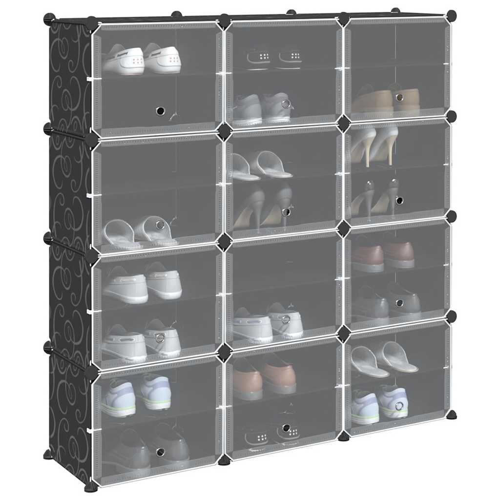 Organizator cub de depozitare cu uși, 12 cuburi, negru, PP