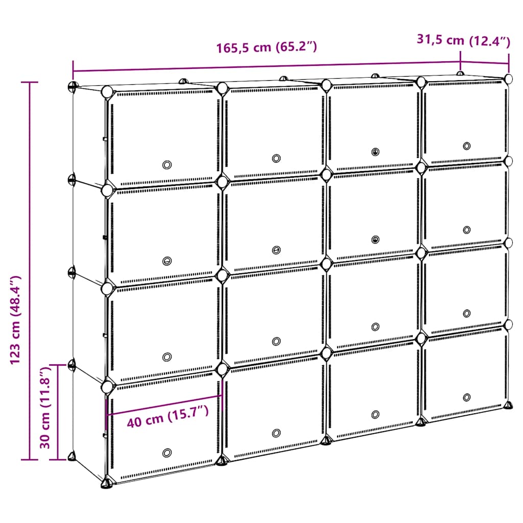 Organizator cub de depozitare cu uși, 16 cuburi, negru, PP