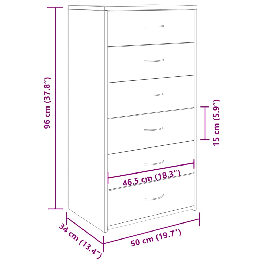 Servantă cu 6 sertare, Lemn vechi, 50 x 34 x 96 cm, PAL